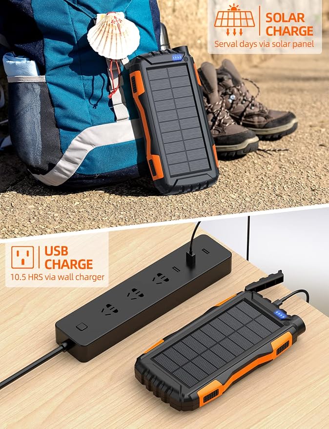 Solar Charger Power Bank 42800mAh, Portable Charger, Solar Power Bank,External Battery Pack 5V3.1A Qc 3.0 Fast Charger Built-in Super Bright Flashlight (Orange)