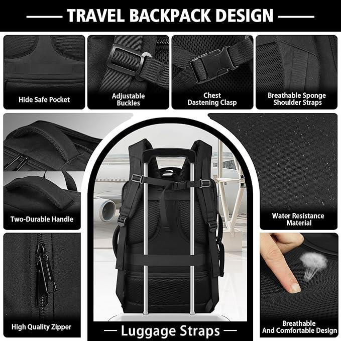 Ample Space Travel Backpack with LifetimeWarranty,Expandable Carry on Backpack with Cable Access Port,Fits 17.3"Laptop Notebook,Water Resistant Weekender Backpack Business Trips,Daily Travel,Black
