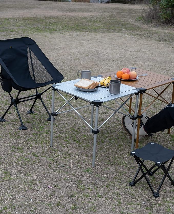 iClimb Lightweight Stable Alu. Folding Square Table Roll Up Top with Carry Bag for Camping Picnic Backyards BBQ Camp Kitchen (Silver, M)