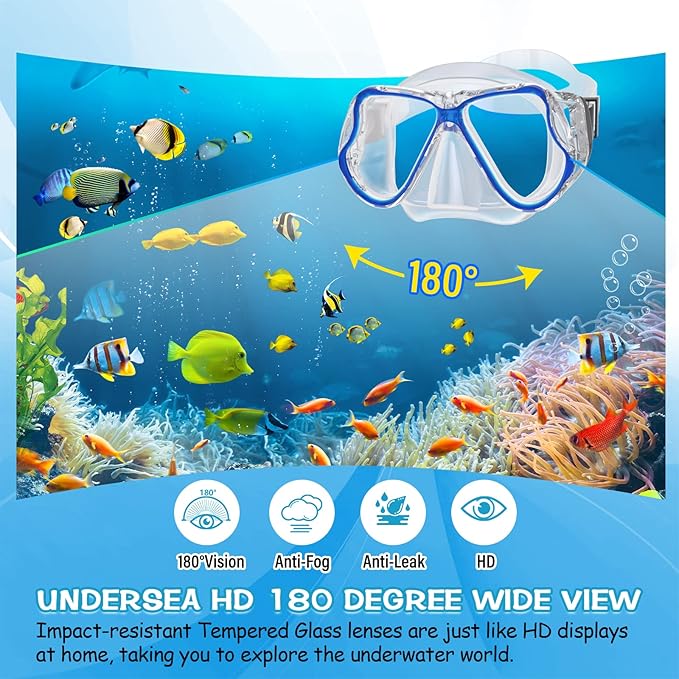Greatever Dry Snorkel Set,Panoramic Wide View,Anti-Fog Scuba Diving Mask,Professional Snorkeling Gear