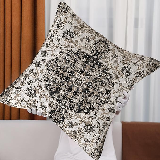 Outdoor Waterproof Pillow Covers 16X16 Inch Set of 2 - Bohemian Vintage Carpet Pattern Black Grey Ethnic Design Decorative Farmhouse for Couch Garden Balcony