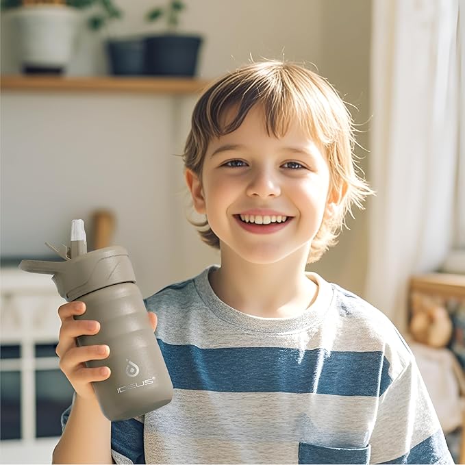 IDEUS Insulated Water Bottle 12oz, Stainless Steel Insulated Water Bottle For School, Insulated Bottles With Straws Leakproof, Vacuum Double Wall Water Bottles For Boys And Girls With 2 Lids, BPA Free