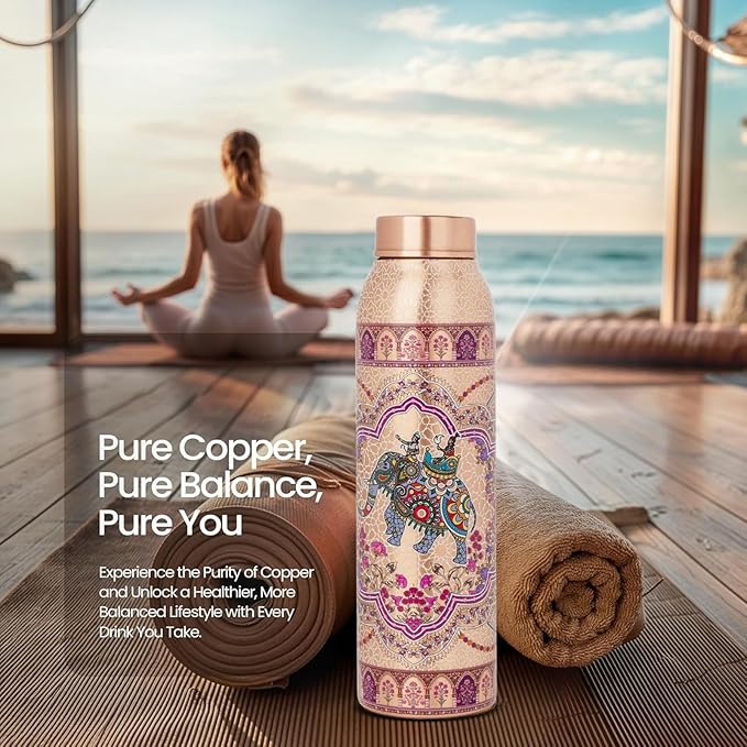 NORMAN JR Copper Water Bottle 1L - Ethnic UV Print, an Ayurvedic vessel made from pure copper - helps you drink more water, with many health benefits in Gift Box - Pack of 3