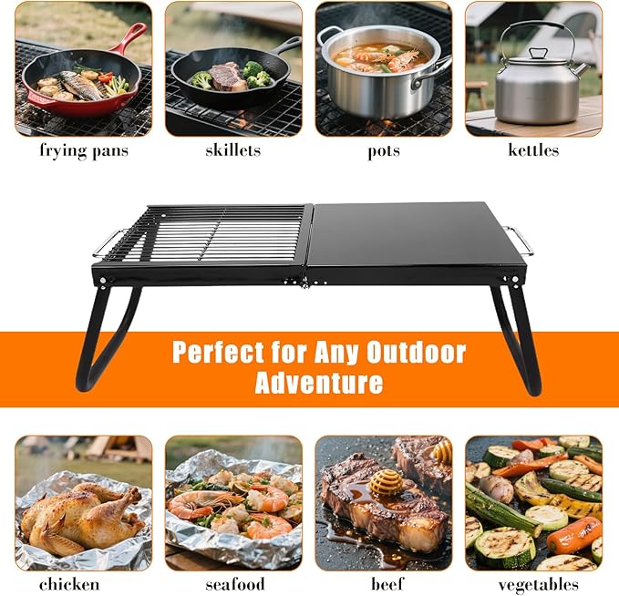 Folding Campfire Grill,Enameled Coating Grate, Heavy Duty Camp Grill Grate, Portable Camping Grates Over Fire Pit, Campfire Grill Cooking Equipment with Carrying Bag for Outdoor Cooking