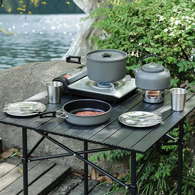 REDCAMP 6/10/11/12/14/15/19 PCS Camping Cookware Mess Kit Camping Gear Campfire Utensils Lightweight Stackable Pot Pan Bowls Soup Spoon with Storage Bag for Camping, Backpacking, Outdoor Cooking