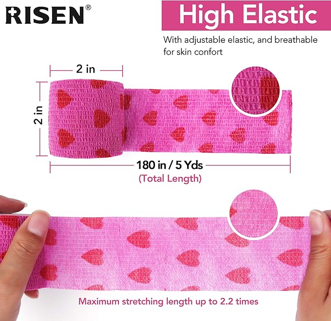 RISEN Cohesive Bandage 2” x 5 Yards, 6 Rolls, Self Adherent Wrap Medical Tape, Adhesive Flexible Breathable First Aid Gauze Ideal for Stretch Athletic