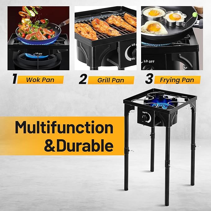 Outdoor Camping Stove, 130000 BTU, High Pressure Single Burner, Propane Gas Cooker with Detachable Legs, 30 PSI Regulator