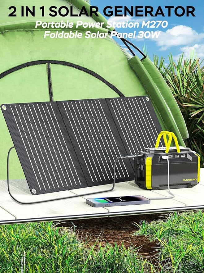 MARBERO Solar Generator 150W Peak 150Wh Portable Power Station with Solar Panel Included Camping Power Supply with AC Outlet DC USB Ports for Outdoor RV Fishing Emergency