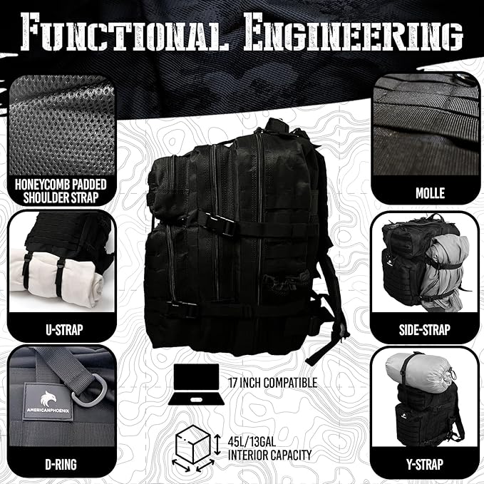 AMERICANPHOENIX 45L Elite Tactical Backpack | 3X Stronger Work & Military Backpack | Water Resistant and Heavy Duty | 3 Day MOLLE Bug Out Bag (Carbon Black)