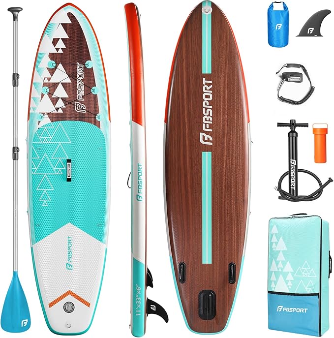 FBSPORT 11' Premium Stand Up Paddle Board, Yoga Board with Durable SUP Accessories & Carry Bag | Wide Stance, Surf Control, Non-Slip Deck, Leash, Paddle and Pump for Youth & Adult