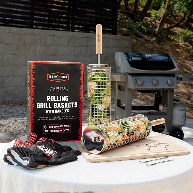 BLAZIN' GRILL Rolling Grill Basket with Removable Handle | 2 x Grilling Basket & Smoker Accessories | Grill Baskets for Outdoor Grill with BBQ Gloves | Barbecue Grill Baskets for Vegetables, Seafood & Meat