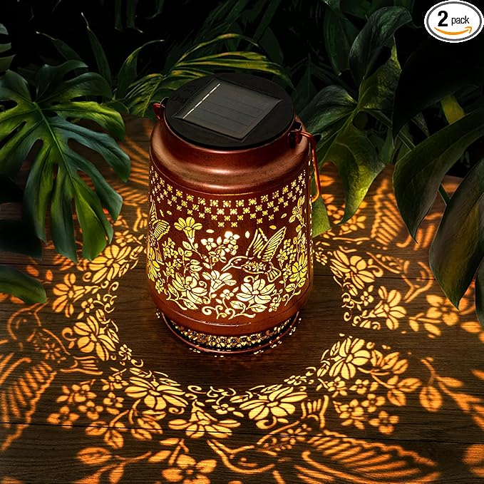 Boho Solar Lanterns Outdoor 2 Pack - Birthday Gifts for Women Mom Grandma Metal Hanging Solar Powered Unique Garden Decorative LED Lights (Fengming)
