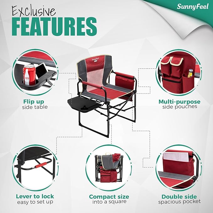 SUNNYFEEL Oversized Camping Directors Chair, Portable Folding Lawn Chairs for Adults Heavy Duty with Side Table,Pocket for Beach, Fishing,Picnic,Concert,Tailgating, Outdoor Foldable Camp Chair