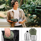 Military Canteen Cookware Set Include 1 QT Military Army Aluminum Alloy Canteen 0.5 QT Multi-Functional Water Bottle with Grab Handled Cup Green Canvas Cover Bag for Outdoor Camping Hiking