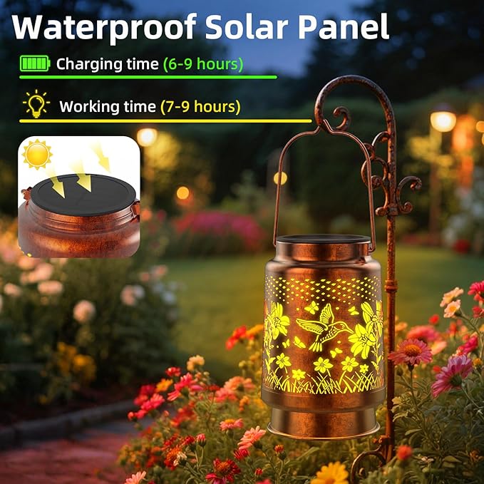 Solar Lanterns Outdoor Waterproof Hummingbird 2 Pack, Birthday Gifts for Women Mom Grandma, Garden Decor Hanging Solar Lights Outdoor Metal Lantern Decoration Outside for Yard, Patio