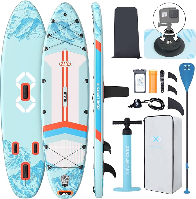 ZLX 11'6" Extra Wide Inflatable Stand Up Paddle Board SUP, Stable Non-Slip Deck Pad, Unique Fin System and Premium iSUP Accessories - Portable Backpack & Upgraded Pump for Adults, All Skill Levels