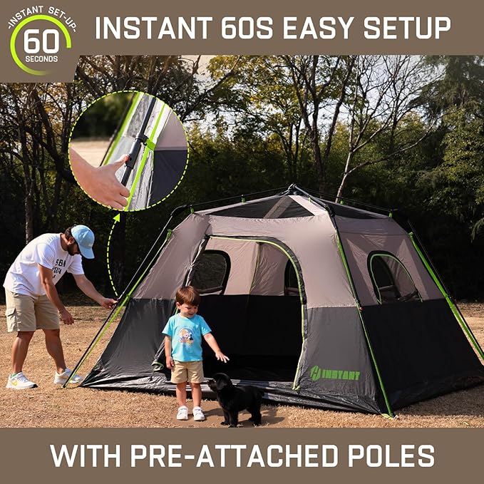 4/6/8 Person Instant Tent, Waterproof Pop Up Tents for Camping with Rainfly, 60 Seconds Easy Setup, Automatic Cabin Tent for Family Camping with Expandable Carry Bag & Upgraded Ventilation