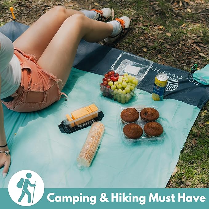 ECCOSOPHY Sand Proof Beach Blanket - Waterproof Picnic Blanket 60x55 Outdoor Compact Pocket Blanket Lightweight Ground Cover for Hiking Camping Festivals Sports Travel with Bag & Stakes (Pistachio)