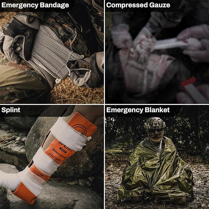 RHINO RESCUE IFAK Trauma Kit with C-A-T Tourniquet for Wound Care, Tactical First Aid Kit Molle Pouch for Military, Combat, Car, Camping, Hiking, Travel (Red)