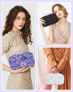 Relavel Travel Makeup Bag, Small Floral Cosmetic Bag with Makeup Brush Compartment, Portable Makeup Pouch for Women, Double Layer Cute Toiletry Organizer Bag, Purple Flower