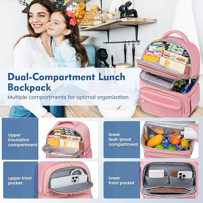 Backpack Cooler Lunch Backpack Double Decker Lunch Box,Insulated Backpack Lunch Cooler Bag, Lightweight Leakproof Lunchbox Backpack for Women Men to Travel,Picnic,Hiking,Beach,Camping