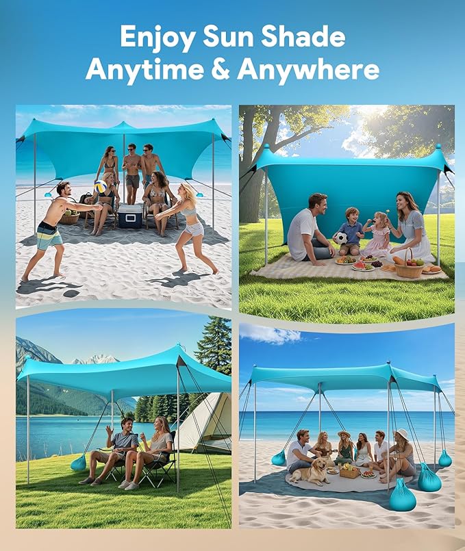 Beach Tent Sun Shelter, 10 x 10 FT Beach Canopy Tent Sun Shade, UPF50+ Tents Canopy with 8 Sandbags & 4 Stability Poles, Outdoor Tents for Camping Fishing, Light Blue