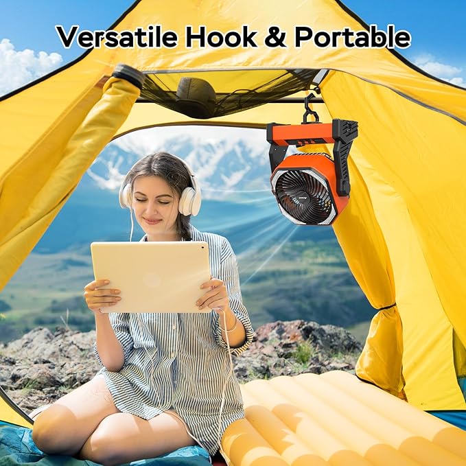 Portable Battery Operated Fan, 20000mAh Rechargeable Camping Fan, 58H Cooling, Tilt Head, 4 Speed Floor Fan with LED Light and Hook for Tent Car Travel Jobsite Fishing Outdoor Hurricane Power Outage