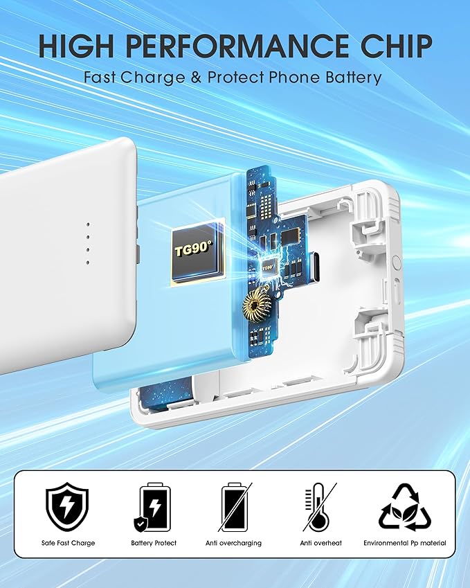 TG90° Portable Charger with AC Plug and Cables,5000mAh Slim Power Bank USB C Battery Pack,3 Outputs USB-C Fast Charging, Pocket Friendly Battery Travel Charger Compatible with iPhone Android Devices