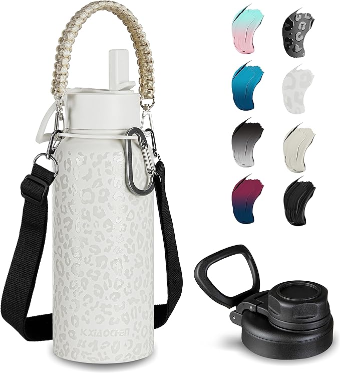 KXIAOCHEN Insulated Water Bottle, Stainless Steel Water Bottle, 2 Lids (Straw and Handle Lid),Wide Mouth Metal Water Bottles Keep Hot and Cold, Double Walled, Thermo Mug, Metal Canteen