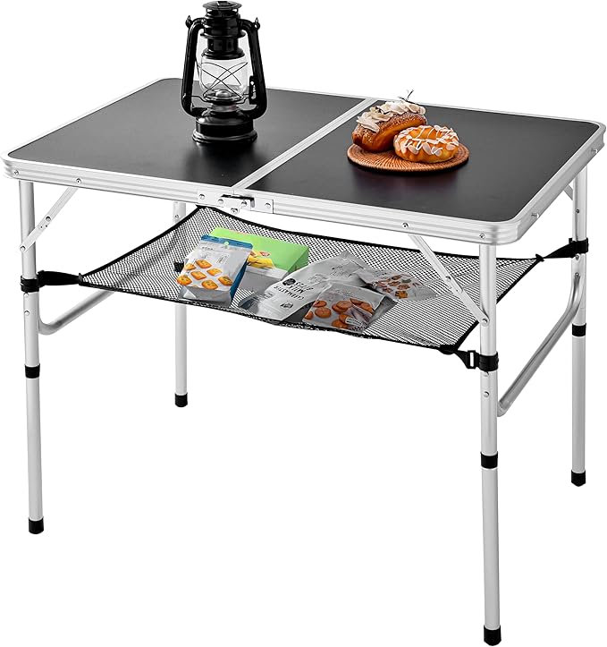 Folding Camping Table, 36''L x24''W Camp Aluminum Table with Adjustable Height Legs, Indoor Outdoor Lightweight Portable Folding Dining Table for Camp Picnic Beach 3Ft black 2 Heights 15"/28"）