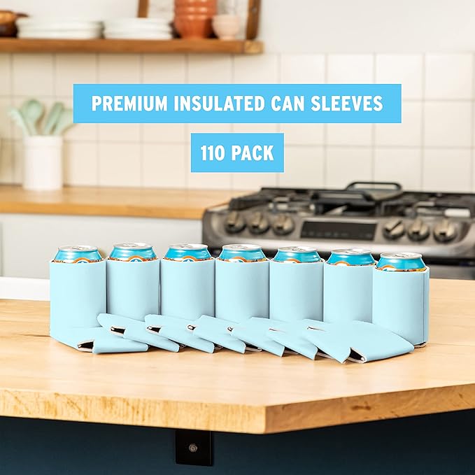 Blank Beer Can Cooler Sleeves (110-Pack) Soft Insulated Beer Can Coolies - HTV Friendly Blank Koolies in Bulk for Beer Cans & Bottles - Coolie Blanks for Vinyl Projects & Wedding Favors (Light Blue)