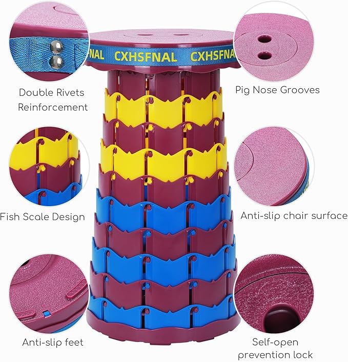 Upgraded Portable Foldable Stool,Folding Camp Stool,Lightweight Sturdy 400lbs Load Capacity Collapsible seat Height Adjustable for Fishing Hiking Picnic Hunting Party BBQ Indoor(Blue Yellow Purple)