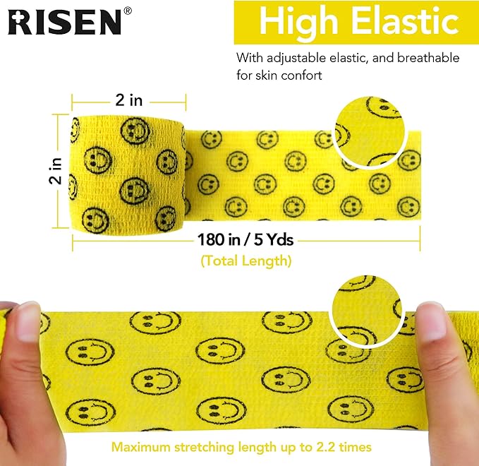 RISEN Cohesive Bandage 2” x 5 Yards, 6 Rolls, Self Adherent Wrap Medical Tape, Adhesive Flexible Breathable First Aid Gauze Ideal for Stretch Athletic