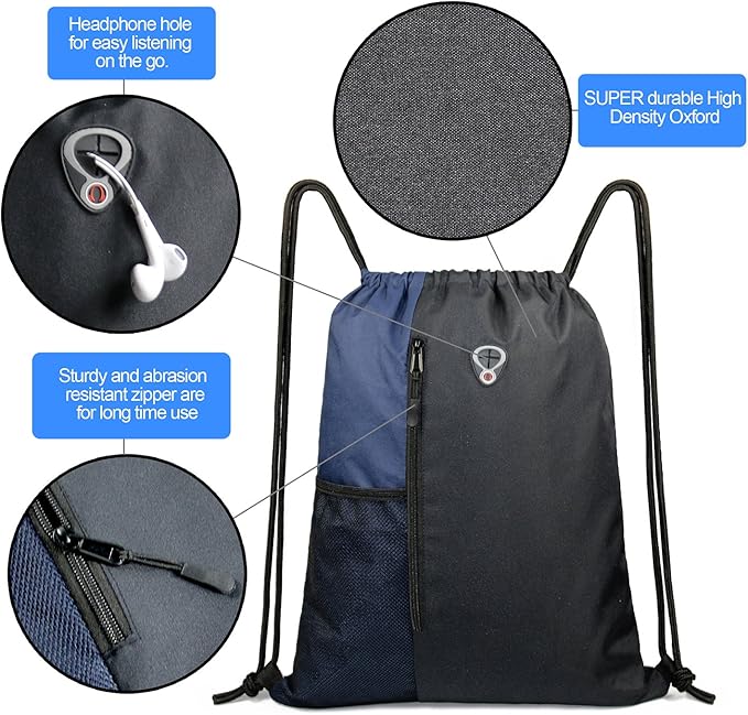BeeGreen Drawstring Backpack Sports Gym Bag for Women Men Large Cinch Sackpack with 2 Zipper Pockets and Water Bottle Mesh Pockets Black Navy