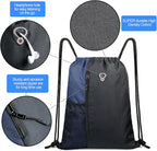 BeeGreen Drawstring Backpack Sports Gym Bag for Women Men Large Cinch Sackpack with 2 Zipper Pockets and Water Bottle Mesh Pockets Black Navy