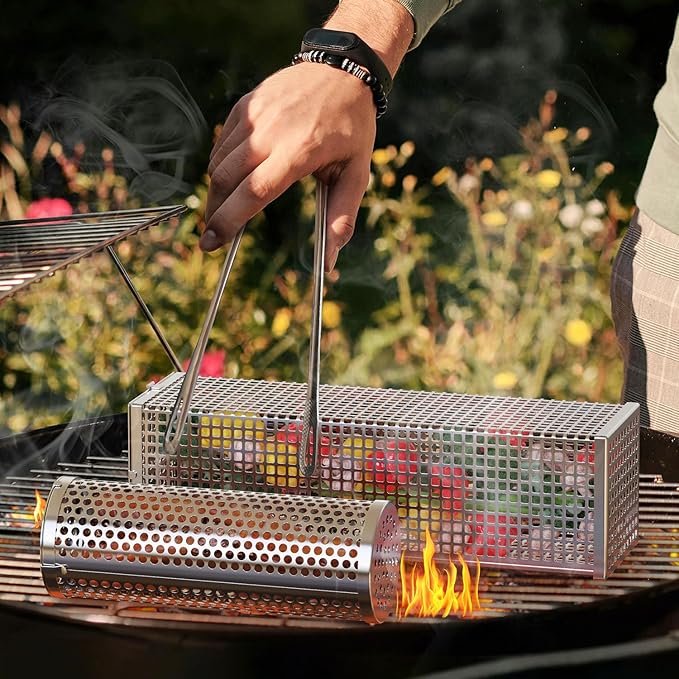 BBQ Net Tube - 2 Pack Rolling BBQ Basket, Quadratisches Verdicktes Design, Rolling BBQ Basket für Outdoor BBQ, rundes Edelstahl BBQ Netz, Camping Grill für Gemüse, Chips und Fisch