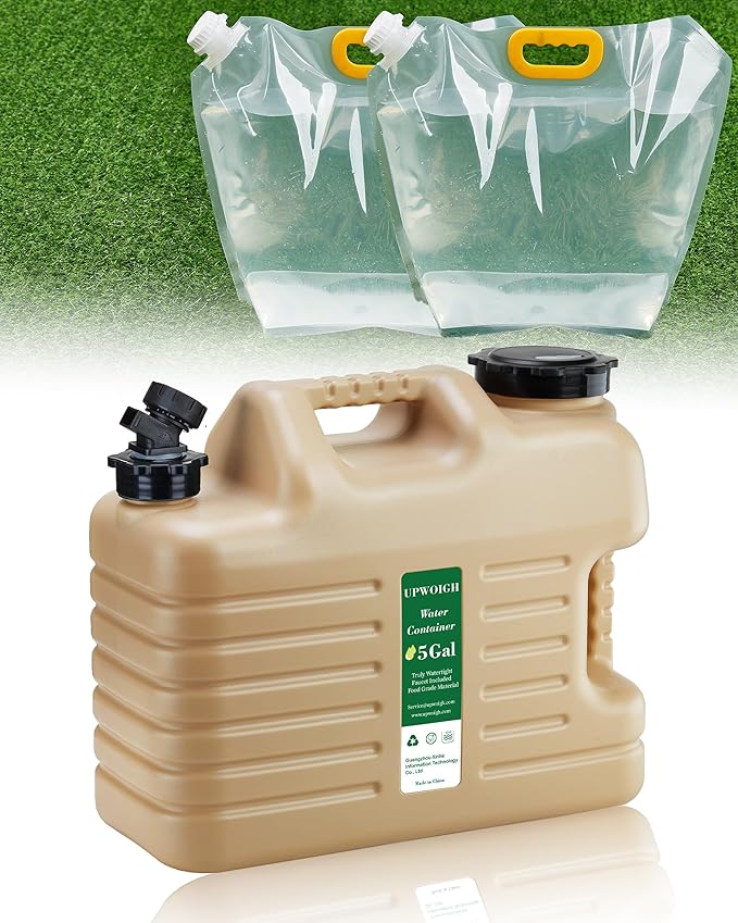 5 Gallon Water Jug and 2.6Gal Collapsible Water Bag Set of 2,BPA Free Thickened Water Storage Containers,Leak-Proof Warm Sand Portable Emergency Water Tank for Outdoors Hiking,Hurricane