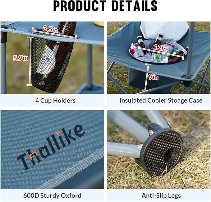 Portable Picnic Camping Table with Cooler, Folding Beach Table with 4 Tear Resistance Cup Holders, Tailgating Table Carry Bag for Travl, Beach, Summer Cookout Essential (Grey)