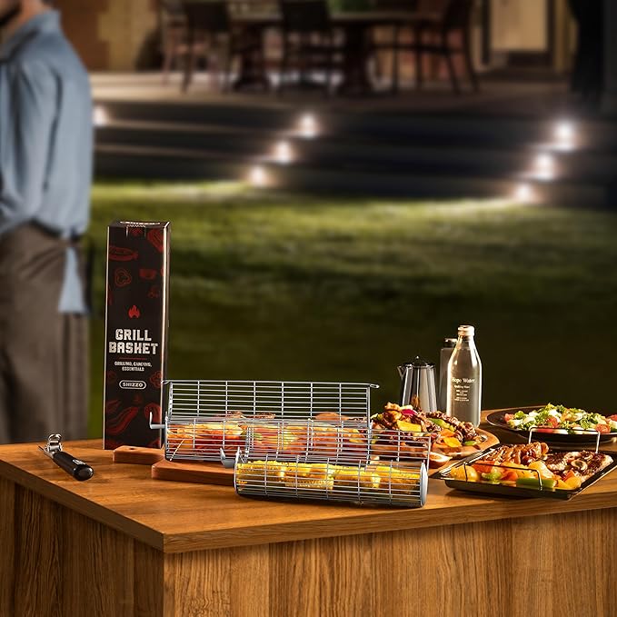 Rolling Grill Basket, New Opening Design, Extra Sturdy Cylinder Grilling Basket, Food Grade Stainless Steel, Large Portable Outdoor Camping accessories BBQ Net Rack, Cooking Griller for Fish, Vegetables, and More - Gifts for Men Dad Husband - Set of 2