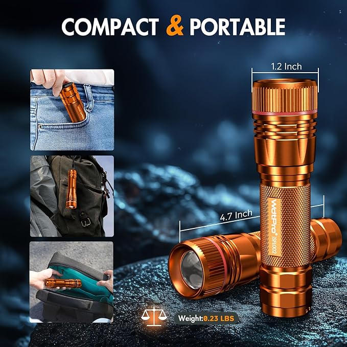 WdtPro Rechargeable Flashlights High Lumens, 2 Pack Super Bright LED Small Tactical EDC Flashlight with 10H Runtime, Portable Flash Light for Camping,Home,Emergency Essentials Orange Battery Included