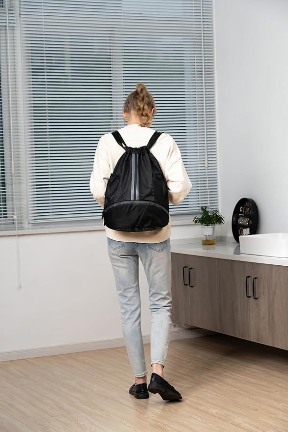 Valleycomfy Sports Drawstring Backpack - Water Resistant String Bag with Side Mesh Pockets Shoe Compartment Gym Backpack for Women & Men Blue