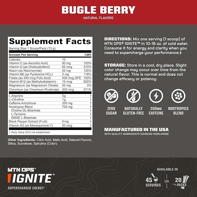 MTN OPS Ignite Trail Packs Energy Drink Powder, Gluten Free Nootropic Supplement Drink Mix, L Arginine, L Citrulline, Caffeine & Nootropic Sugar Free Drink Mix, 20 Servings, Bugle Berry