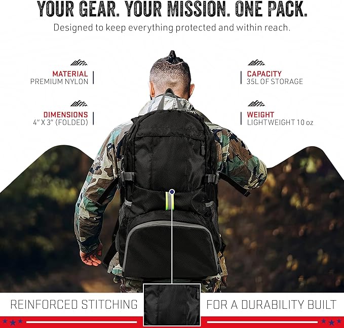 Ready Pack 35L — Foldable Backpack for Travel | Lightweight, Water Resistant Hiking Daypack | Compact, Packable Backpack for Men & Women | Great for Camping & Daily Use