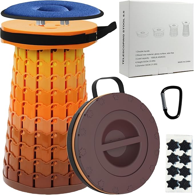 ALEVMOOM 2025 Upgraded XXL Collapsilbe Stool with Cushion,More Sturdy and Height 19.7",D11.8,Portable and Lightweight Adjustable Chair Telescoping Stool for Camping Hiking BBQ Max Loading 1000Ibs