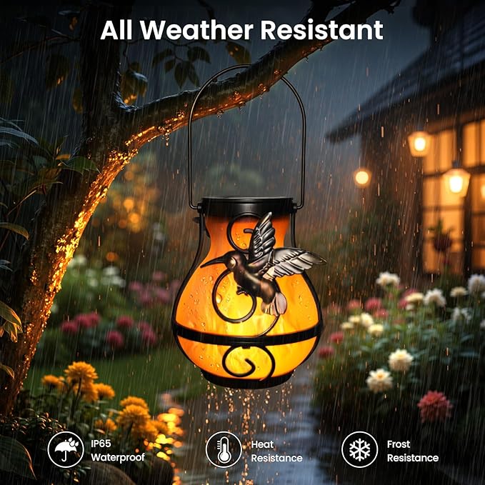 X-PREK 2 Pack Solar Lanterns Outdoor Waterproof Hummingbird Hanging Solar Lantern Flickering Flame Lights Solar Powered Lamps Garden Patio Porch Decoration(Plastics)