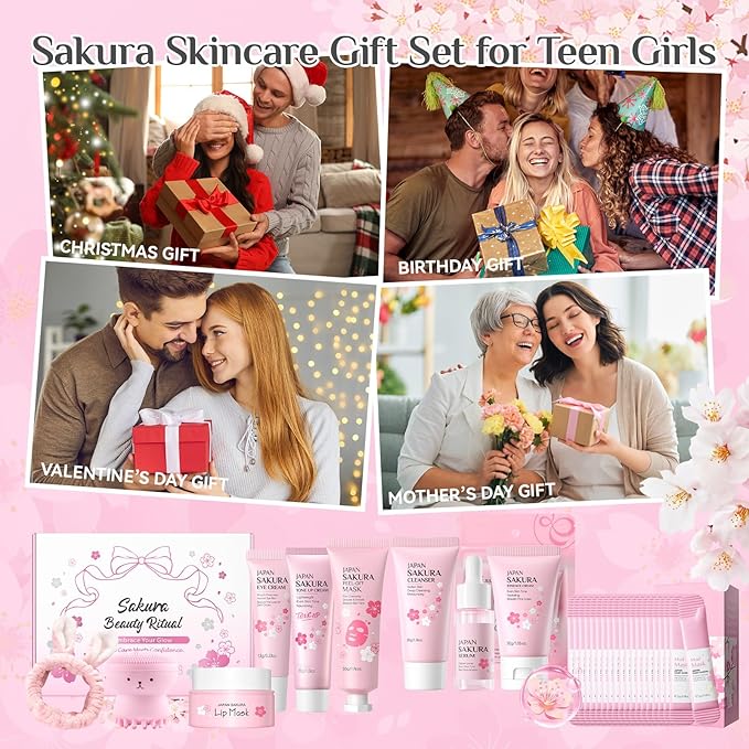 29Pcs Sakura Skincare Set, Skincare for Girls 10-12, Complete Skincare Routine for Clean, Soft and Hydrated Skin, Perfect Easter Basket Stuffers for Teen Girls
