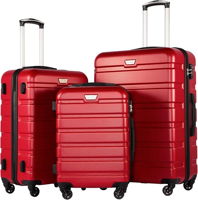 Coolife Luggage 3 Piece Set Suitcase Spinner Hardshell Lightweight TSA Lock (red, 3 piece set(20in24in28in))