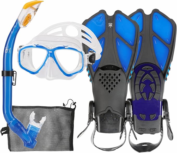 Kids Mask Fins Snorkel Set Snorkeling Packages, with Diving Mask, Snorkel, Adjustable Swim Fins, Mesh Bag, Anti-Fog Anti-Leak Snorkeling Gear for Kids for Snorkeling Swimming Diving