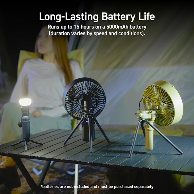 NESTOUT Outdoor Camping Fan with Tripod, 4 Speed Settings & Breeze Mode, 3 Angle Oscillation, 90° Adjustable Tilt, Timer (30/60/90 mins), USB C Compatible, Portable Tent Fan (Black Full Kit)