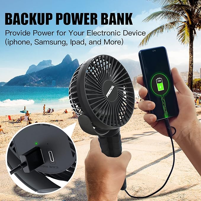 FRIZCOL Portable Stroller Fan, Use As Power Bank, 65H 12000mAh Battery Operated Fan Flexible Tripod Baby Car Seat Fans with Timming, Personal Mini Handheld/Desk/Small Clip On Fans For Stroller